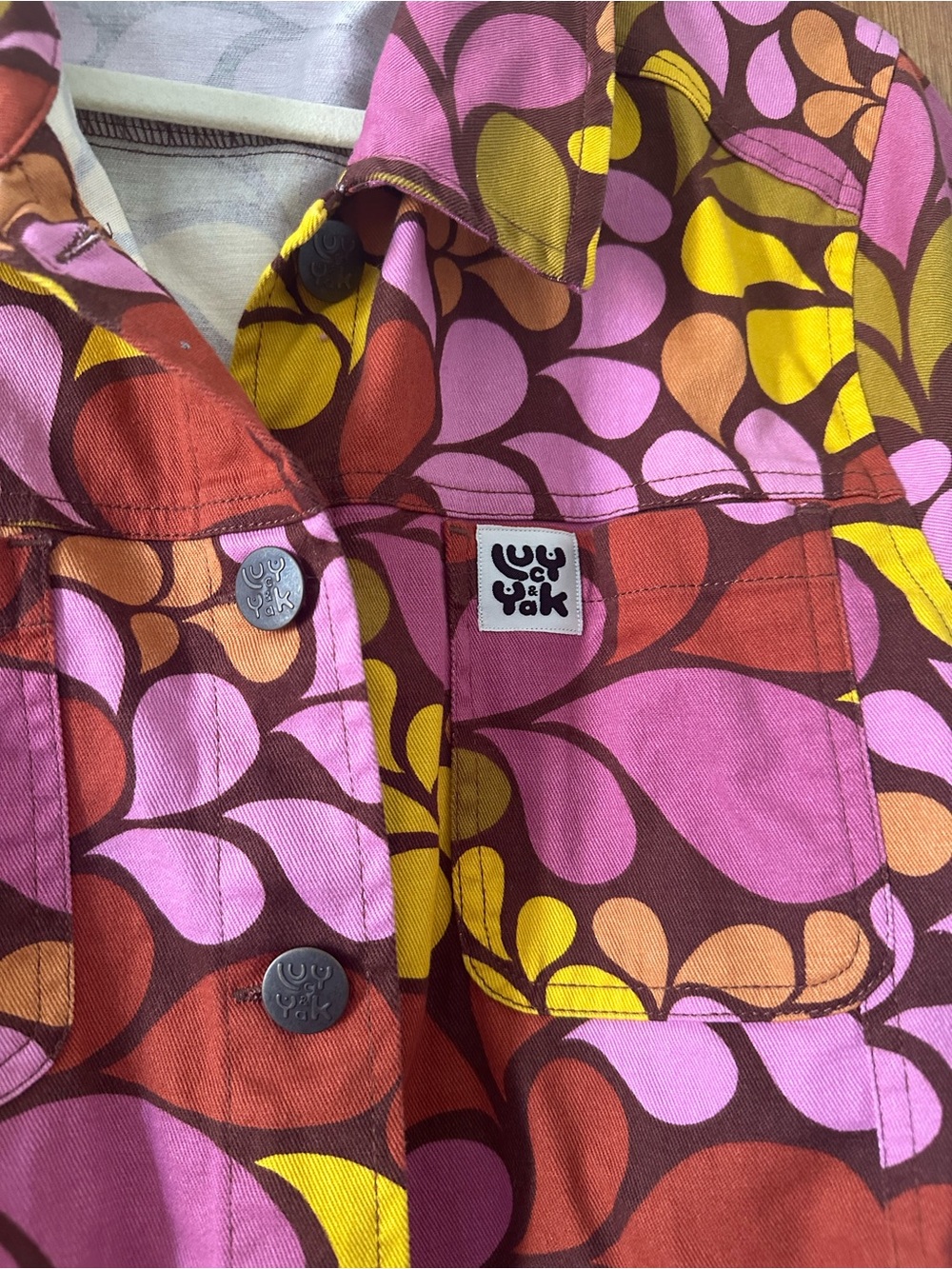 Lucy & Yak pink yellow pattern crop Jean jacket M - Picture 2 of 4
